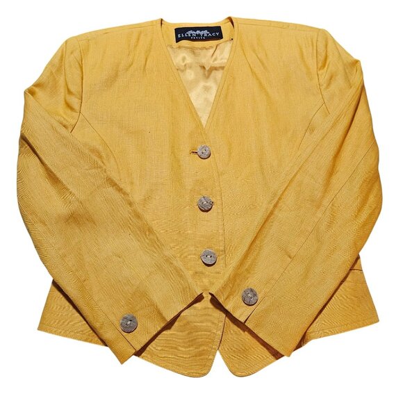 Easter Linen Yellow Blazer Jacket Ellen Tracy Petite Womens Long Sleeves Fully L - Picture 3 of 15